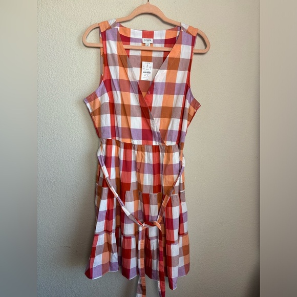 NWT J. Crew Coral Lilac Gingham Checkered Tiered V-Neck Pocketed Dress 14 - Picture 2 of 13